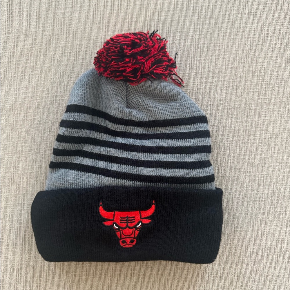 Chicago Bulls Kids Black and Gray Striped Beanie with Red Pom
